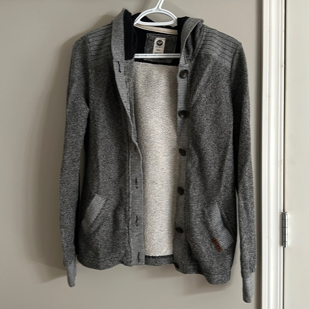 Roxy size small button up hooded sweatshirt with shoulder detail